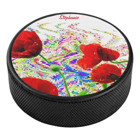 Aangepaste naam Bloemen Papaver Bloemen Kleurrijke Hockey Puck (3/4)