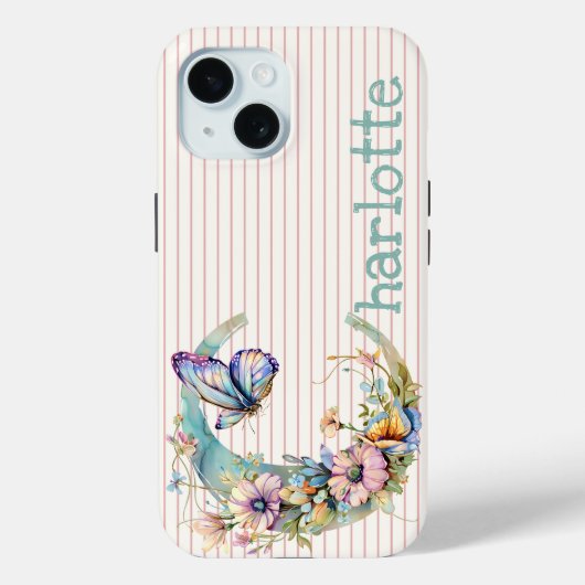 Aangepaste naam | Bloemen vlinder Initiaal pastel Case-Mate iPhone Case (Achterkant)