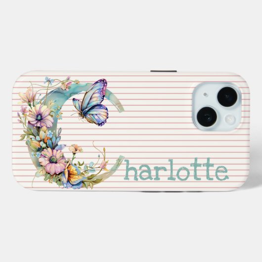 Aangepaste naam | Bloemen vlinder Initiaal pastel Case-Mate iPhone Case (Achterkant (horizontaal))