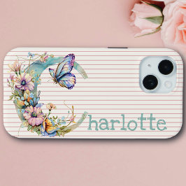 Aangepaste naam | Bloemen vlinder Initiaal pastel iPhone 15 Case