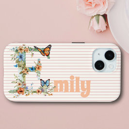 Aangepaste naam | Bloemen vlinder Initiaal perzik iPhone 15 Case