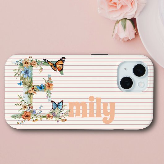 Aangepaste naam | Bloemen vlinder Initiaal perzik Case-Mate iPhone Case