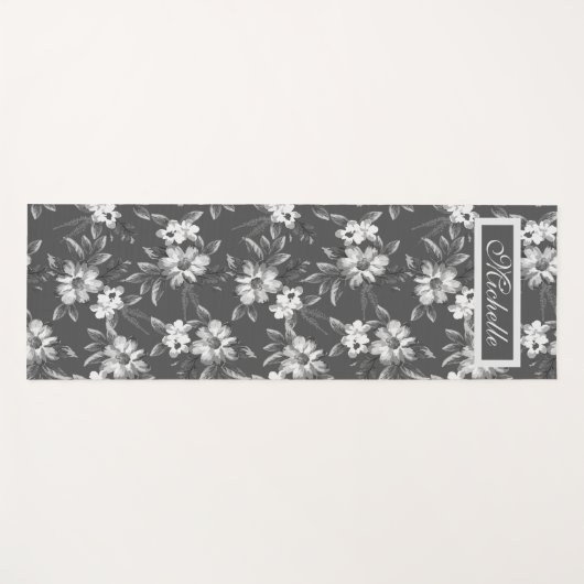 Aangepaste Naam Bloemen Zwart Grijs Wit Yoga Mat (Voorkant (horizontaal))
