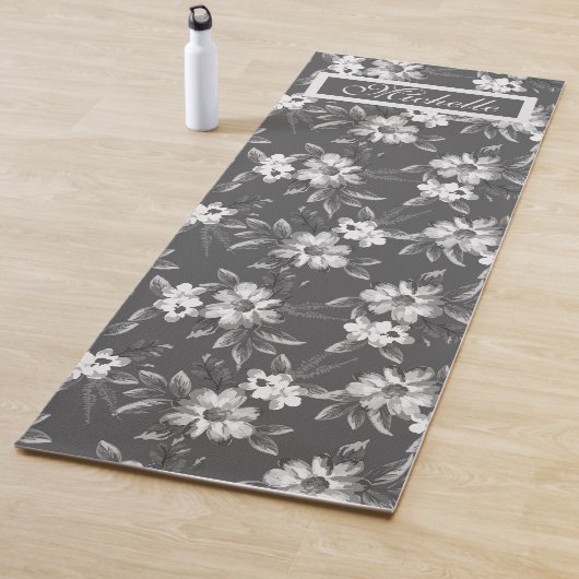 Aangepaste Naam Bloemen Zwart Grijs Wit Yoga Mat (In situ)