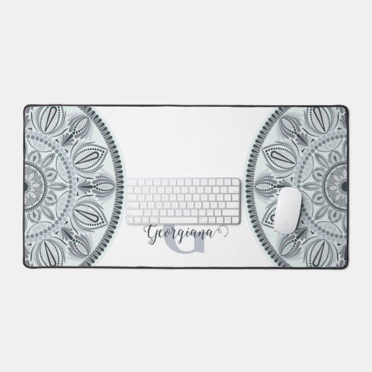 Aangepaste Naam Bloemharmonie Grijs Monotone Manda Bureaumat (Keyboard & Muis)