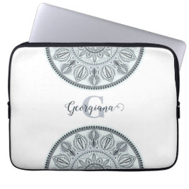 Aangepaste Naam Bloemharmonie Grijs Monotone Manda Laptop Sleeve