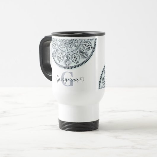 Aangepaste Naam Bloemharmonie Grijs Monotone Manda Reisbeker (Voorkant links)