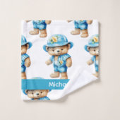 Aangepaste Naam Blue Teddy Bear Boy's Badhanddoek  Bad Handdoek (Wasdoekje)