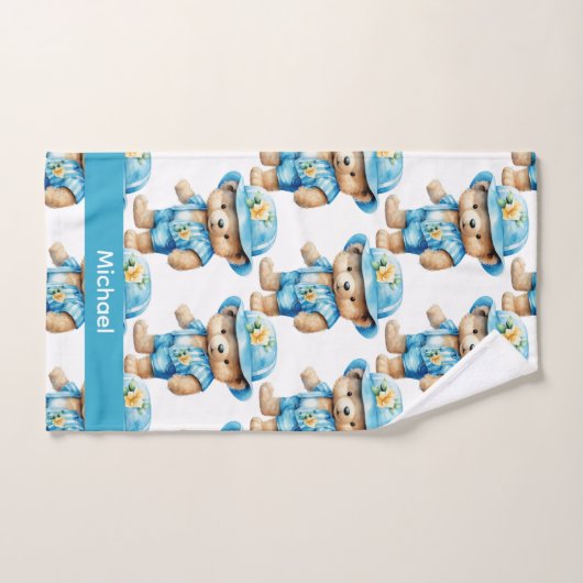 Aangepaste Naam Blue Teddy Bear Boy's Badhanddoek  Bad Handdoek (Handdoek)