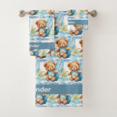 Aangepaste Naam Blue Teddy Bear Boy's Badhanddoek  Bad Handdoek (Insitu)