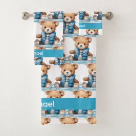 Aangepaste Naam Blue Teddy Bear Boy's Badhanddoek  Bad Handdoek