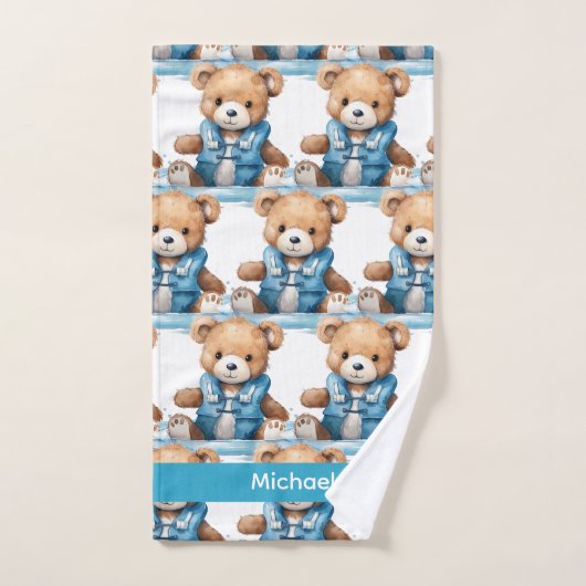 Aangepaste Naam Blue Teddy Bear Boy's Badhanddoek  Bad Handdoek (Handdoek)