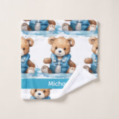 Aangepaste Naam Blue Teddy Bear Boy's Badhanddoek  Bad Handdoek (Wasdoekje)