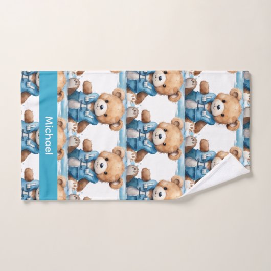 Aangepaste Naam Blue Teddy Bear Boy's Badhanddoek  Bad Handdoek (Handdoek)