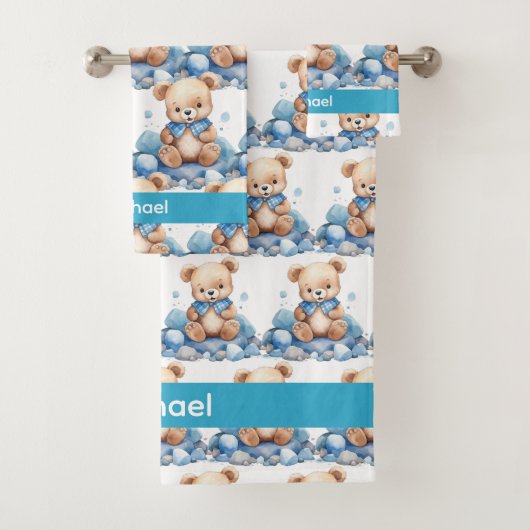 Aangepaste Naam Blue Teddy Bear Boy's Badhanddoek Bad Handdoek (Insitu)