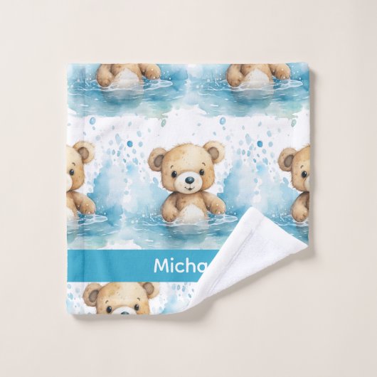 Aangepaste Naam Blue Teddy Bear Boy's Badhanddoek  Bad Handdoek (Wasdoekje)