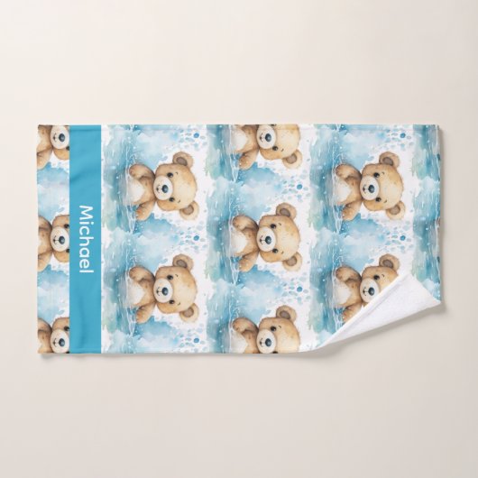 Aangepaste Naam Blue Teddy Bear Boy's Badhanddoek  Bad Handdoek (Handdoek)