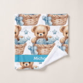 Aangepaste Naam Blue Teddy Bear Boy's Badhanddoek Bad Handdoek (Wasdoekje)