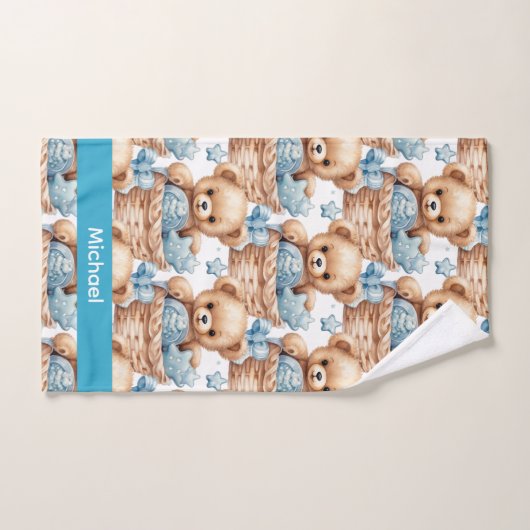 Aangepaste Naam Blue Teddy Bear Boy's Badhanddoek  Bad Handdoek (Handdoek)