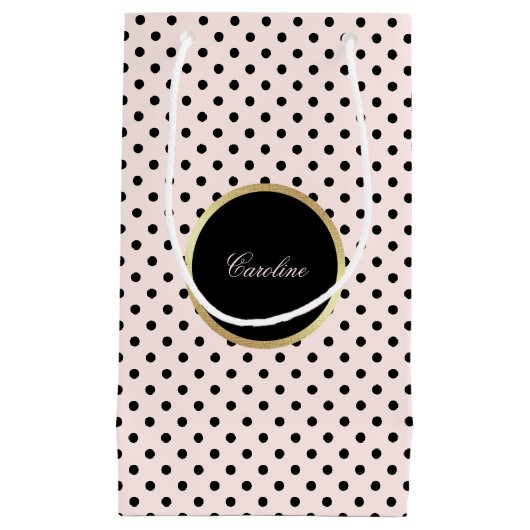 Aangepaste naam Blush roze | Zwarte poladots patro Klein Cadeauzakje (Voorkant)