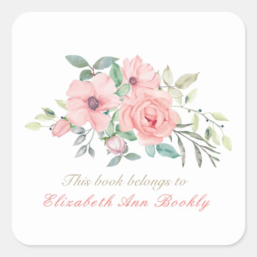 Aangepaste naam Blush Waterverf Bloemen Boekplaat Vierkante Sticker (Voorkant)