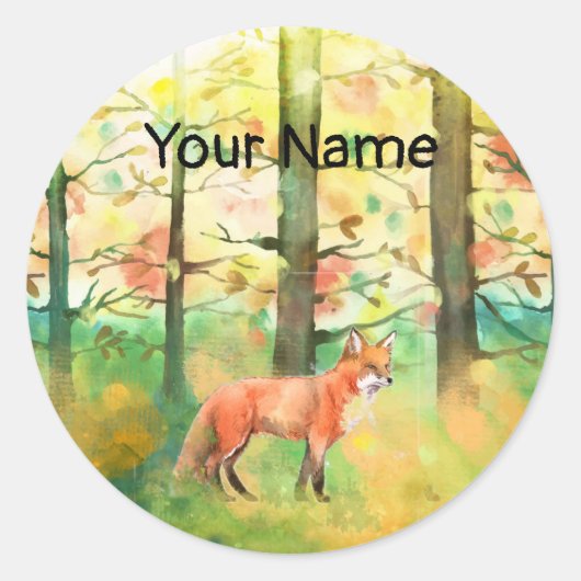 Aangepaste naam Boek Bord Cute Red Fox Autumn Herf Ronde Sticker (Voorkant)