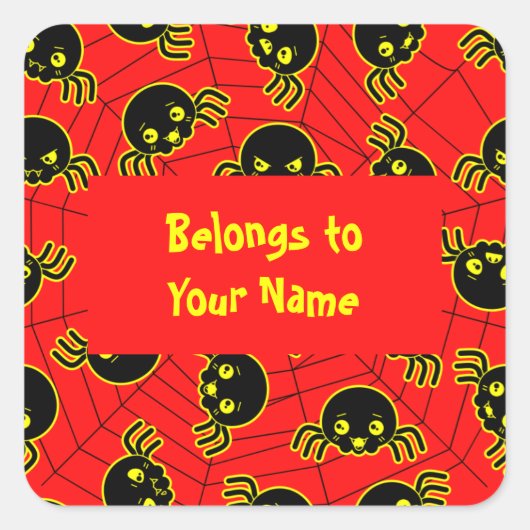 Aangepaste naam: boekplaat Funny Spiders Halloween Vierkante Sticker (Voorkant)