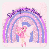 Aangepaste naam: boekplaat met Paarse regenboogvle Vierkante Sticker (Voorkant)