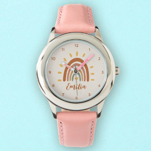 Aangepaste naam Boho Earth Tone Rainbow Sun Horloge
