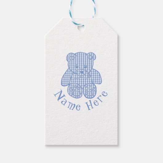 Aangepaste naam Bord Blauw Pastel Gingham Teddy Be Cadeaulabel (Voorkant)