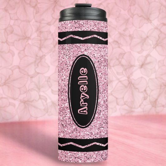 Aangepaste Naam Bord Roze Glitter Crayon Drink Tum Thermosbeker