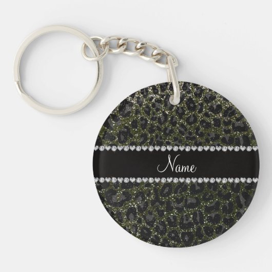 Aangepaste naam bosgroene glitter leopard print sleutelhanger (Voorkant)