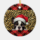 Aangepaste naam Boston Terrier hond Santa hat Buff Keramisch Ornament (Voorkant)