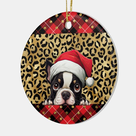 Aangepaste naam Boston Terrier hond Santa hat Buff Keramisch Ornament (Links)
