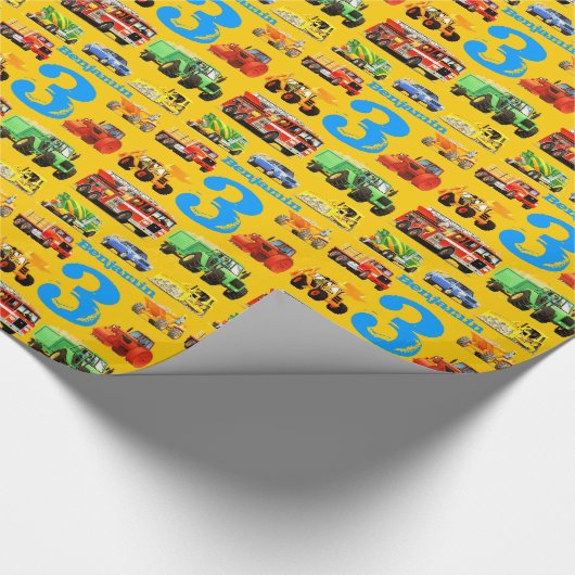 Aangepaste naam Bouwwagen 3e verjaardag Cadeaupapier (Hoek)