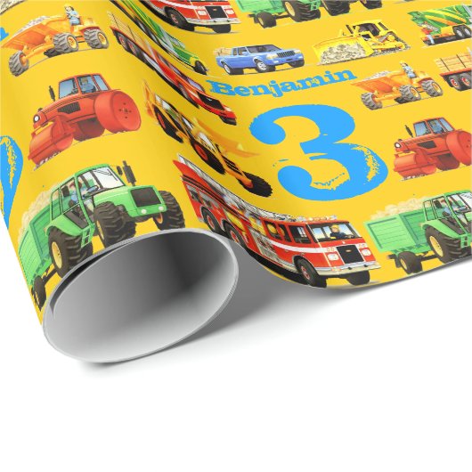 Aangepaste naam Bouwwagen 3e verjaardag Cadeaupapier (Rol Hoek)