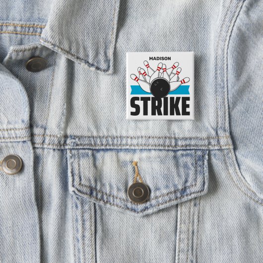 Aangepaste naam Bowling Strike Vierkante Button 5,1 Cm (In situ)
