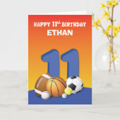 Aangepaste naam Boy 11th Birthday Sports Balls Kaart (Gele Bloem)