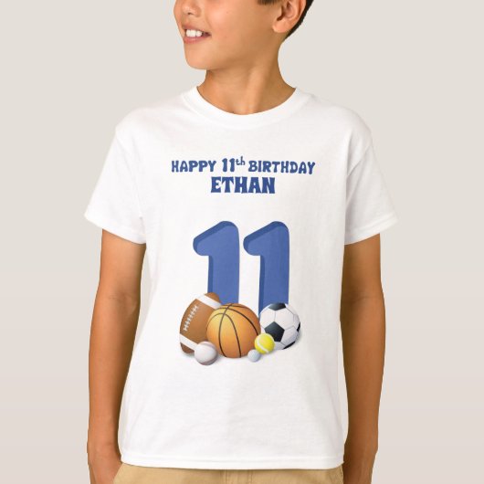 Aangepaste naam Boy 11th Birthday Sports Balls T-shirt (Voorkant)