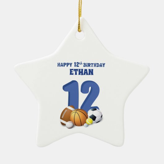 Aangepaste naam Boy 12th Birthday Sports Balls Keramisch Ornament (Voorkant)