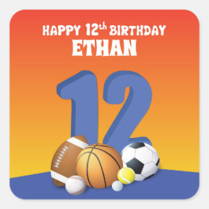 Aangepaste naam Boy 12th Birthday Sports Balls Vierkante Sticker