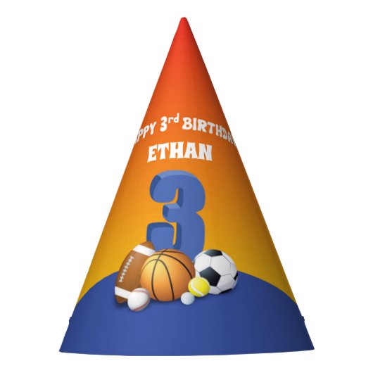 Aangepaste naam Boy 3rd Birthday Sports Balls Feesthoedjes (Voorkant)