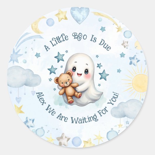 Aangepaste naam Boy Baby shower Schattige Ghost Bo Ronde Sticker (Voorkant)