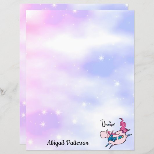 Aangepaste naam Briefpapier papier Roze Unicorn (Voorkant / Achterkant)