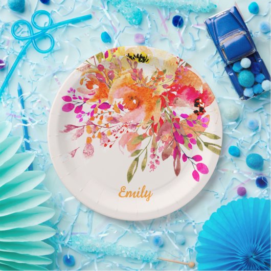 Aangepaste naam Bright Floral Romantic Papieren Bordje (Feest)