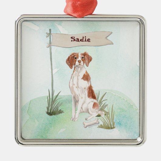 Aangepaste naam Brittany Pet Dog Metalen Ornament (Voorkant)