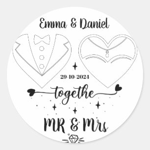 aangepaste naam bruid en bruidegom moderne borstel ronde sticker