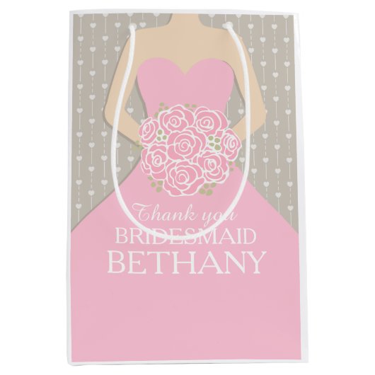 Aangepaste naam bruiloft bruidsjurk roze tas medium cadeauzakje (Voorkant)