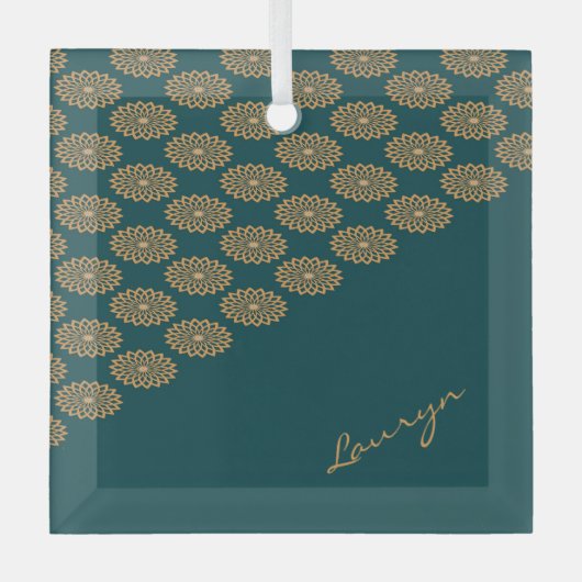 Aangepaste naam bruin bloemig op dennengroen glas ornament (Voorkant)