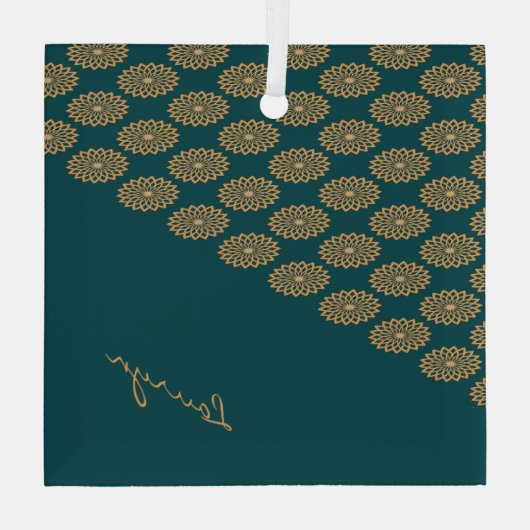 Aangepaste naam bruin bloemig op dennengroen glas ornament (Achterkant)